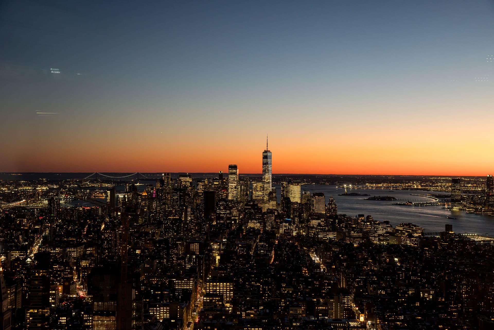Downtown Manhattan view at sunset
